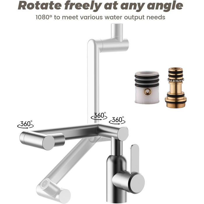 Кухонний змішувач Vorfenster з висувною насадкою, 1080° обертання, 2 режими, нержавіюча сталь, для кухні/ванної кімнати