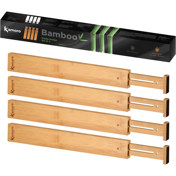 Kamoro Drawer Dividers made of natural bamboo [Set of 4] - With feather for secure hold and furniture-friendly ends - Adjustable drawer organizer between 44 and 56 cm - (Large, Natural)
