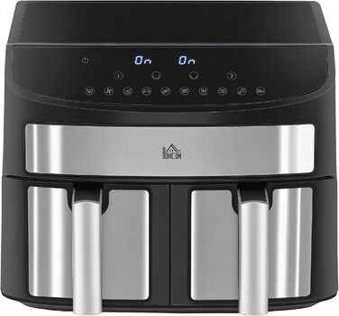 Фритюрниця HOMCOM з подвійними зонами, 8 л, 2400 Вт, 2 відсіки, 10 програм, антипригарне покриття, кошики, що миються, фритюрниця без олії, енергозберігаюча, чорна