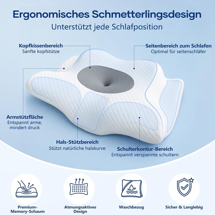 Ергономічна ортопедична подушка для шиї та голови з ефектом пам'яті (Memory Foam), 2-в-1, зі знімним чохлом, сіра, 62 x 39 x 11/13 см