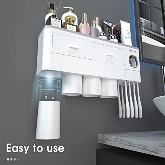iHave Toothbrush Holder Wall Mounted, 4 Cup Toothbrush Holder with Toothpaste Dispenser - Tray with Large Capacity, 2 Cosmetic Drawers - Bathroom Organizer Storage, White