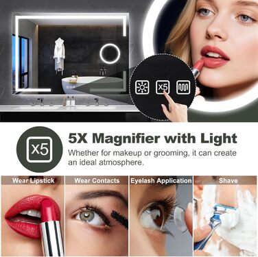 Дзеркало для ванної кімнати S'bagno з підсвічуванням 100x70 см, 5x збільшення, LED, алюмінієва рама, протитуманне покриття, 3 кольори, диммування, пам'ять, HD скло, IP44, без Bluetooth