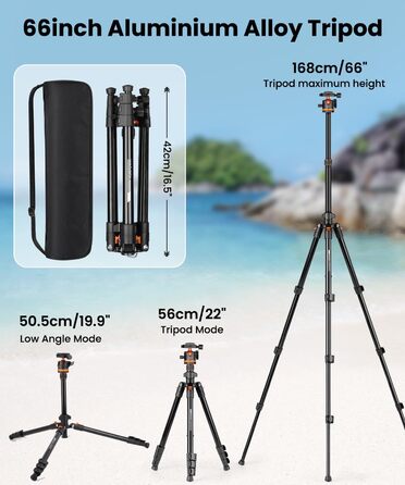 Штатив для камери JOILCAN з алюмінію, 168 см, міцний туристичний штатив з поворотним голковим кріпленням 360° та тримачем для телефону, вантажопідйомність 8 кг, для DSLR Canon Nikon Sony, штатив для iPhone/Smartphone