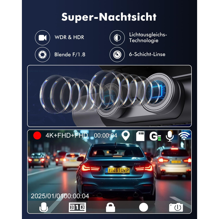 Відеореєстратор для авто 3-Kanal 4K UHD + Full HD (передня 170°, задня 140°, внутрішня 140°) з GPS, WiFi 6, нічним баченням HDR/WDR, 24/7 паркування, 64GB карта пам'яті
