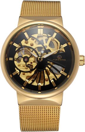 Чоловічий механічний годинник FORSINING з тонким корпусом та браслетом зі сталі (Золотий)