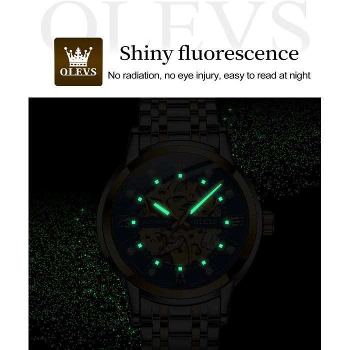 Чоловічий годинник OLEVS Gold Skeleton: автоматичний механічний, зі сталевим браслетом, водонепроникний, люксовий дизайн, синій циферблат