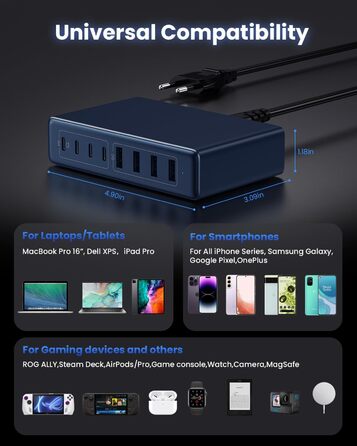 Мережевий зарядний пристрій USB-C 200W GaN III з 8 портами для MacBook Pro/Air, iPad, iPhone, Samsung, Steam Deck, QC4.0, PPS, PD 65W (Синій)