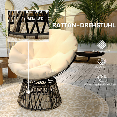 Крісло-гойдалка Outsunny Papasan з ротангу, 360° обертається, крісло-кошик з подушкою, діаметр 90 см, кругле ротангове крісло, крісло-поворотник, крісло для відпочинку, крісло-шезлонг для вітальні, саду, балкону, бежеве | Aosom