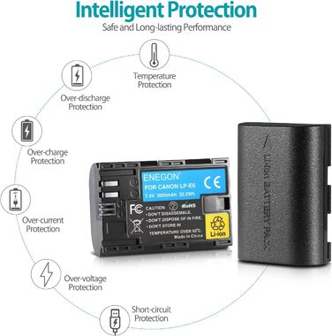 Запасний акумулятор ENEGON LP-E6 (2 шт.) та розумне LED Dual USB зарядне пристрій для Canon EOS 5D Mark II/III/IV, 5DS, 5DS R, 6D, 7D, 7D Mark II, 60D, 70D, 80D та інші моделі Canon (2 x LP-E6)