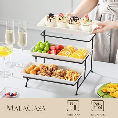 MALACASA 3-Tier Porcelain Serving Platter with Folding Sturdy Stand, for Party Entertaining Food Display, Fruit Dessert, Cupcakes, White, 30.5x15.3cm