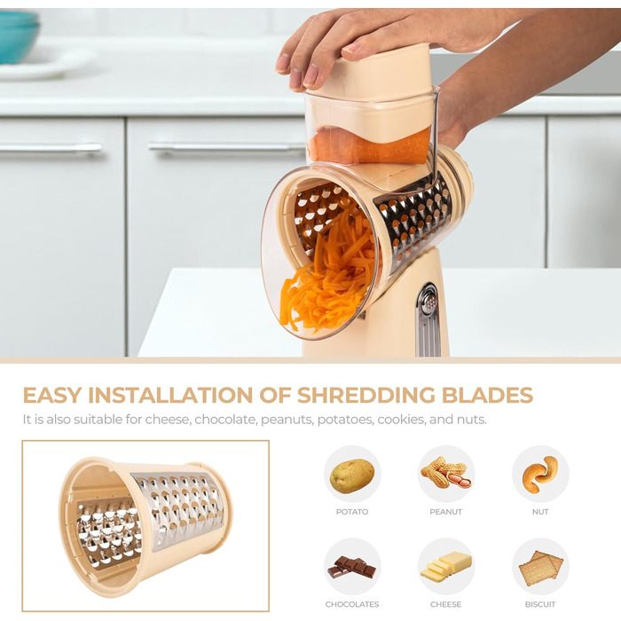 Тертка для овочів STEAS з ручкою - терка для сиру, овочів, фруктів з 5 насадок, міцним присоском, контейнером для ножів (Бежева)