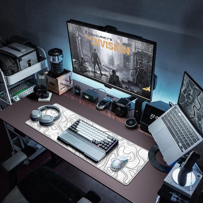 Ігровий килимок для миші Abetcabe Gaming Mauspad XXL, підкладка на стіл 900 x 400 мм, чорний (дизайн Topographisch, білий)