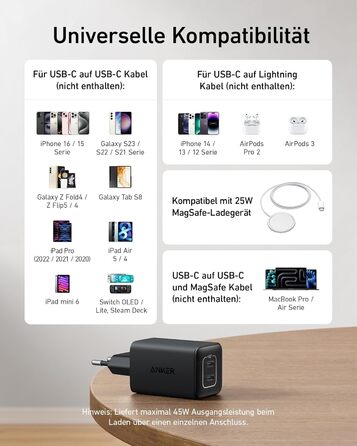 Зарядний пристрій Anker USB-C 47W, 523 Charger (Nano 3), компактний з 2 портами GaN, для iPhone 17/Pro/Pro Max/iPhone Air/16/15, Galaxy, Pixel 4/3, iPad/iPad mini (кабель не входить) Білий (Чорний)