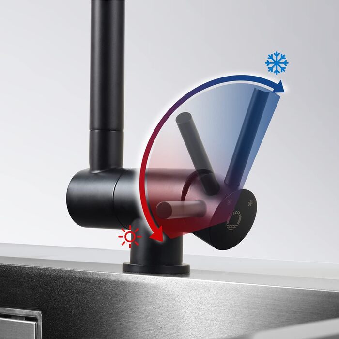Кухонний змішувач CECIPA Vorfenster чорного матового кольору, високого тиску, з нержавіючої сталі, з гнучким виливом, поворотний на 360°