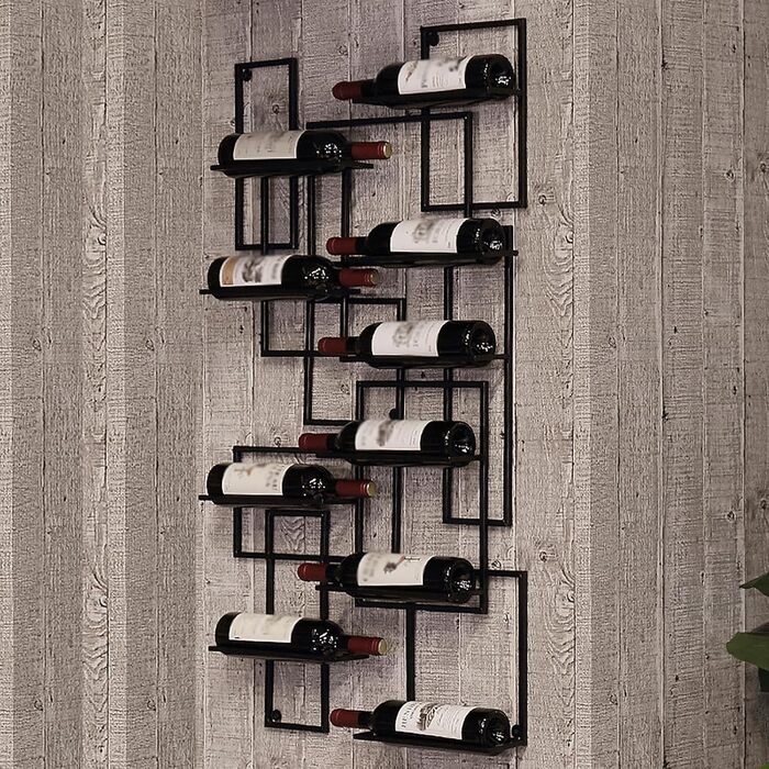 Підвісна полиця для вина на 10 пляшок, металева, чорна, 110x60x10 см (2 шт.)