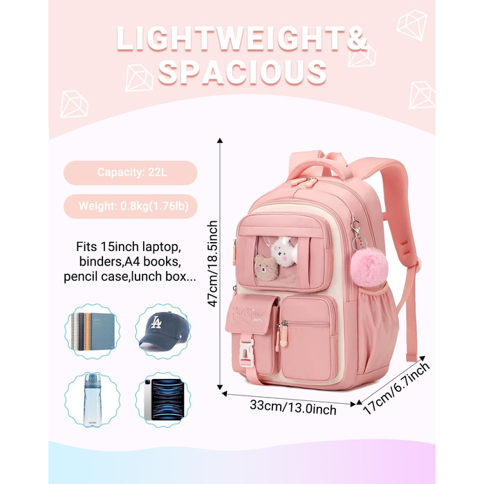 Дитячий рюкзак для школи DivingBirds, 2-7 клас, 22L, рожевий | Зручне дихаюче спинне відділення та м'які лямки | Рюкзак для дівчинки