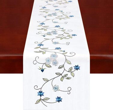 Simhomsen Double Thick Table Runner, Rustic, Embroidered, Floral Pattern, for Spring and Summer, Chest of Drawers, Scarf, Blue, 35.6 x 89.9 cm