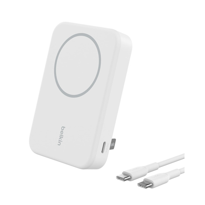 Бездротовий павербанк Belkin BoostCharge Pro 10000mAh з підтримкою Qi2 та MagSafe, портативний зарядний пристрій зі стійкою для iPhone 16, 15, 14, Pixel — Білий