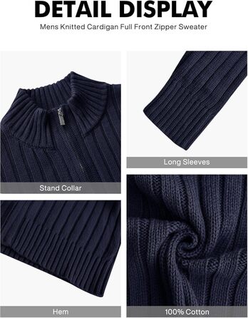 Чоловічий в'язаний кардиган NITAGUT з блискавкою, теплий, зимовий, вінтажний, довгий рукав, синій Navy Blue