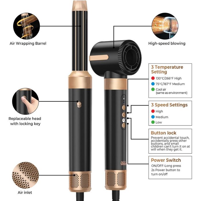 UKLISS Airstyler Multistyler 7 в 1: фен-щітка, локон, випрямляч, турбіна, 1400W, турбіна, 3 режими температури, 30 мм, турбіс