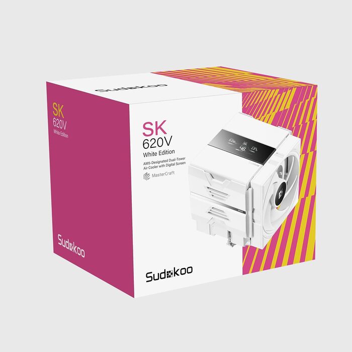 Кулер для процесора Sudokoo SK620V White AM5: двосекційний повітряний охолоджувач з цифровим дисплеєм, 6 теплотрубками та 2 вентиляторами PWM FDB 120мм, білий