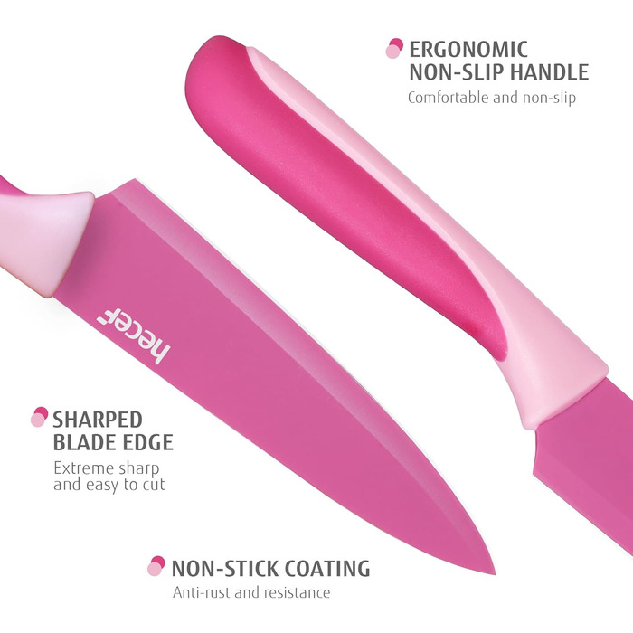 Набір ножів Hecef 14 предметів у блоці, з антипригарним покриттям, для посудомийної машини, самозаточуваний, ергономічні ручки, кухонний набір для будь-якої кухні (рожевий)