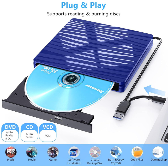 Зовнішній DVD-привід USB 3.0 та Type-C, портативний CD/DVD +/-RW записувач для ноутбука, ПК, MacBook, Windows, macOS, Linux (Темно-синій)