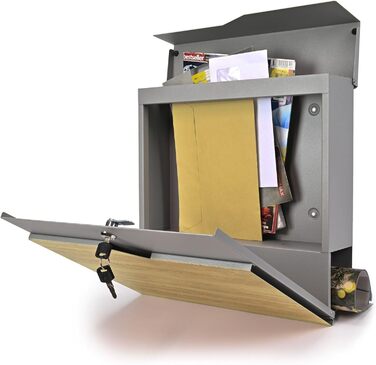 Поштова скринька Verda Anthracite з газетницею, порошкове покриття AkzoNobel, 2 ключі, табличка з іменем, персоналізована, дизайнерська настінна поштова скринька з нержавіючої сталі (срібло з виглядом дерева)