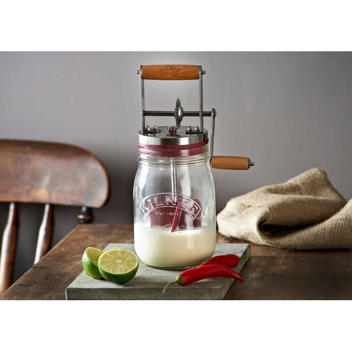 Kilner Butter Churn Glass with Hand Crank, Manual Hand Crank and Silicone Mixer, 1L, Opening: 7.2 cm, 16.5 cm x 11 cm x 27 cm, Make butter yourself in about 10 minutes, Glass butter container (pack of 2)