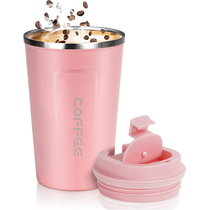 Термокружка Flintronic 510 мл з подвійними стінками, з кришкою, не протікає, для кави та чаю (рожевий)