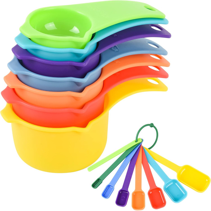 Measuring Cup and Spoon Set, Stackable, 7 Measuring Cups and 7 Measuring Spoons with Levelers, Dishwasher Safe, Plastic Measuring Cups, Stackable Cups, 15 Piece (Random Color)