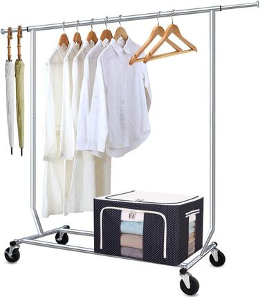 Camabel Clothes Rack with Wheels, 303lbs Clothes Stand, Metal, Adjustable Length 130-189cm (51-75in), Stainless Steel, Wheels, Rolling Garment Rack, Extendable, Clothes Hanger with Brake, Metal Wardrobe Stand