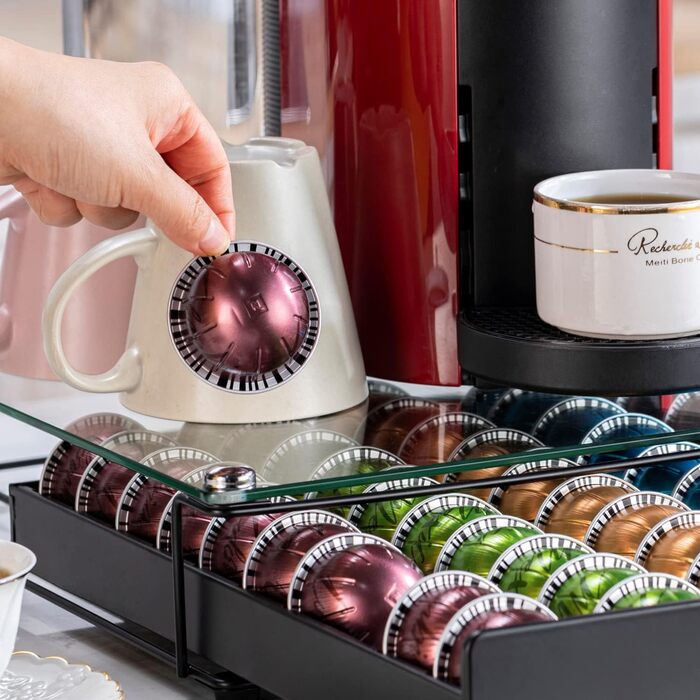 Організатор для капсул Nespresso Vertuo: металевий стійкий тримач на 50 капсул (скляна кришка)