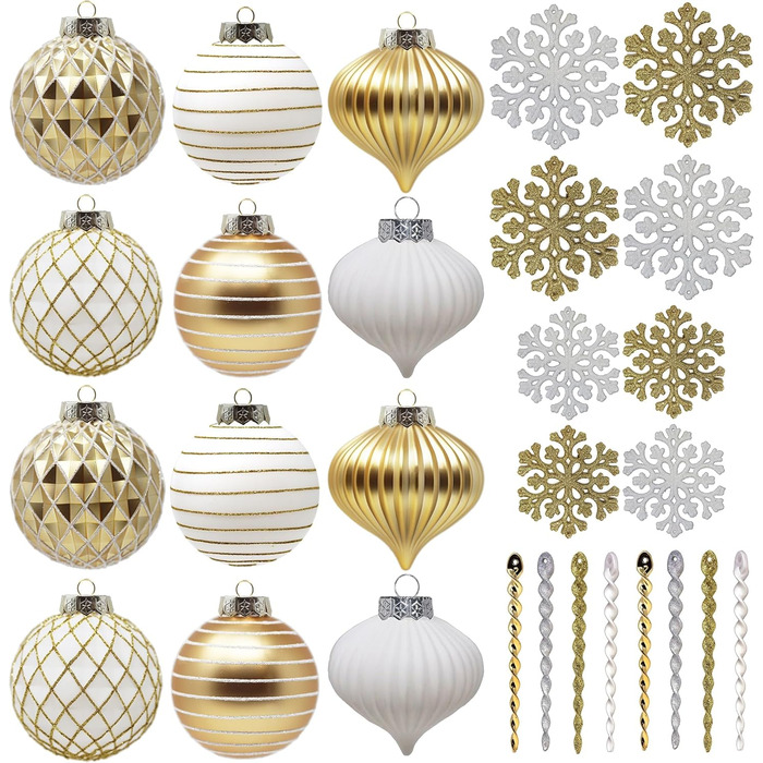 Набір новорічних прикрас SLEETLY 28 шт. Біле золото: кулі, льодинки, сніжинки для ялинки