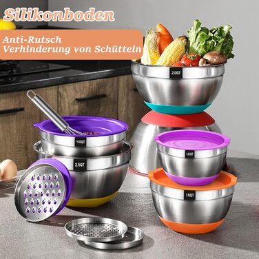 Mixing Bowl Set of 6, Stainless Steel Bowls Salad Bowls with Airtight Lid & Silicone Bottom, 3 Grater Attachments, 6.6 L/3.8 L/2.4 L/1.9 L/1.4 L/0.6 L - Colorful