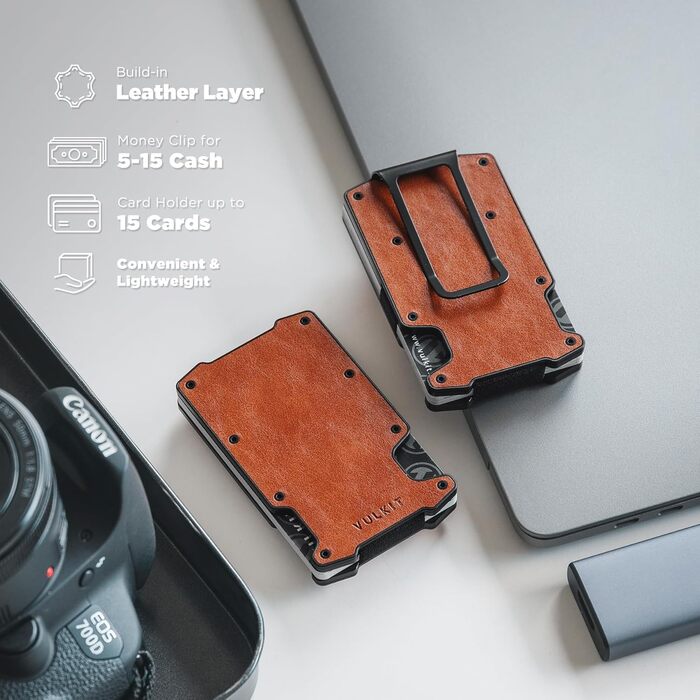 Кредитне шкіряне портмоне VULKIT з відділенням для грошей, RFID-захист, AirTag, для чоловіків (Lite-retro Brown)