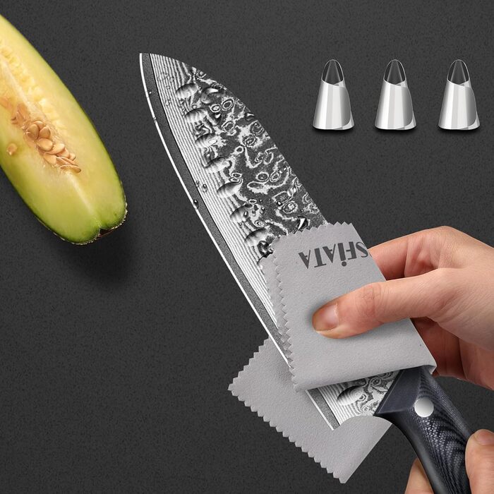 Ніж кухарський MOSFiATA Damast 8 дюймів - Японський ніж з дамаської сталі, з чохлом, захистом для пальців та подарунковою упаковкою