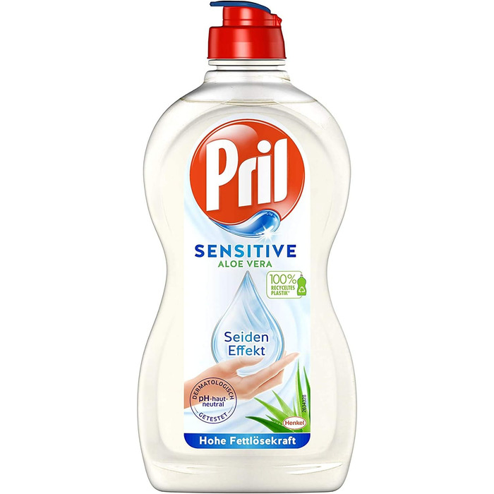 Засіб для миття посуду вручну Pril Sensitive Aloe Vera, pH-нейтральний з ефектом шовку, 8 x 450 мл