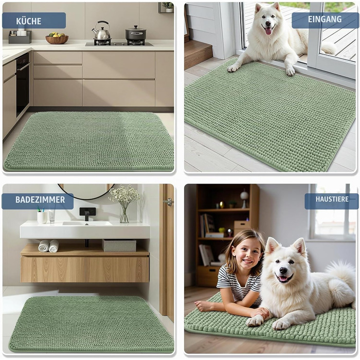 Товстий килимок для ванної кімнати Homaxy з chenille, 61×120 см, трав'янисто-зелений — м'який, антиковзаючий, вологопоглинаючий килим для душу з TPR-підкладкою, що миється в машинці