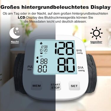 Цифровий тонометр на плече для дому, з регульованою манжетою та підсвічуванням дисплея (для людей похилого віку), білий