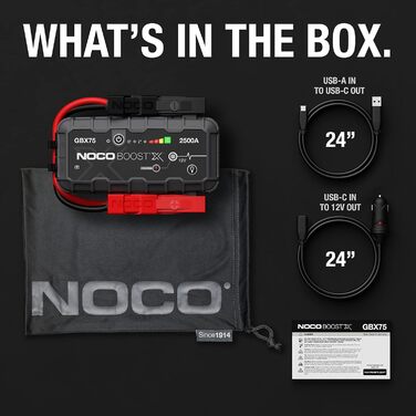 NOCO Boost X GBX75: Портативний пусковий пристрій (Powerbank) – 2500A, 12V, для бензинових (8.5L) та дизельних (6.5L) двигунів