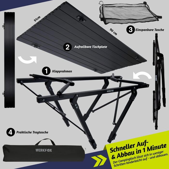 Складаний туристичний стіл Werkfox: регульована висота, 90x51 см, до 30 кг, з сумкою