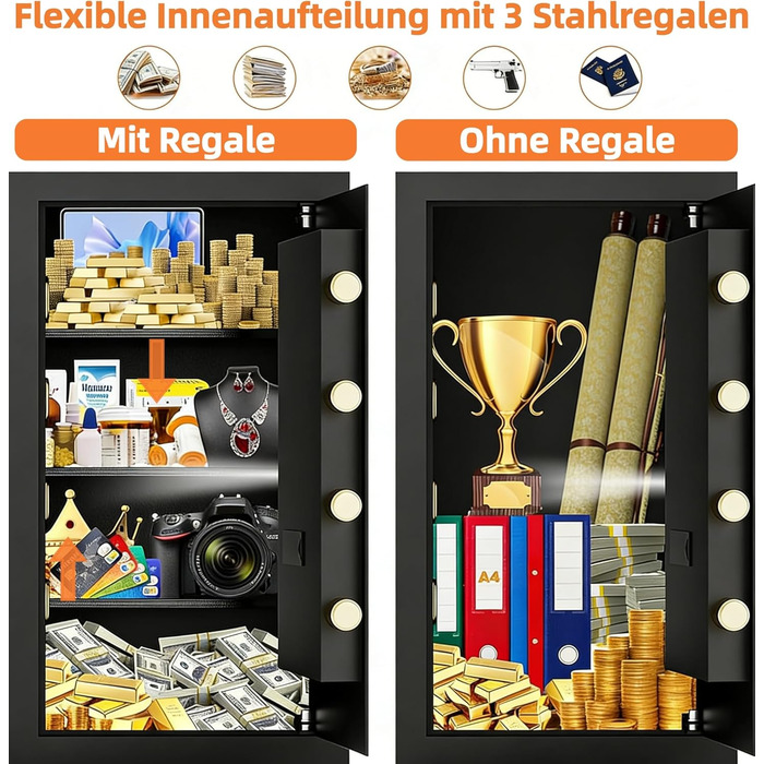 Сейф для дому Tresor вогнетривкий, водонепроникний, цифровий з сигналізацією та полицями, для грошей, ліків, прикрас, документів A4 (Чорний, 74л)