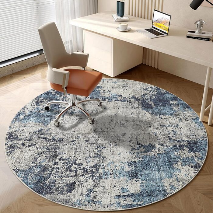 Кілимок для вітальні синього кольору, вінтажний, з ефектом розмиття, короткий ворс, килими, миючий, нековзний, для спальні (160 см, круглий, абстрактний синій)