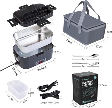 Електрична ланч-бокс Kimfead з контролем температури, 1.8L, 80W, 12V/24V/230V, з сумкою та столовим прибором, для авто/офісу