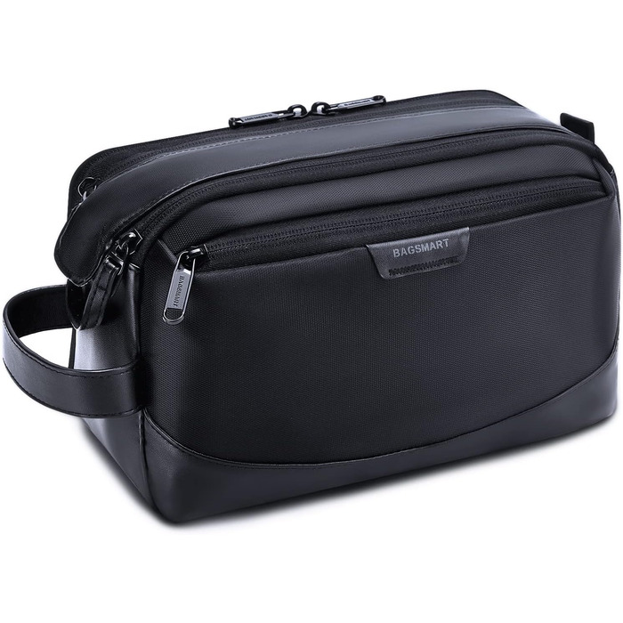 BAGSMART Travel Toiletry Bag for Men, Leather Travel Organizer Bag, Dopp Kit Waterproof Shaving Bag for Toiletries Accessories, Black