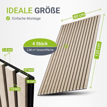 Акустичні панелі Juskys для стін, набір 4 шт (2,88 м²), 120x60 см, шумопоглинаючі декоративні панелі від луни та шуму, колір Дуб (Світлий натуральний дуб)