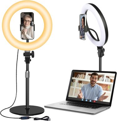 Кільцеве світло 10.5” з штативом, LED, 3 кольори + 10 рівнів яскравості для селфі, відеоконференцій, YouTube, TikTok, макіяжу, ноутбука, чорний