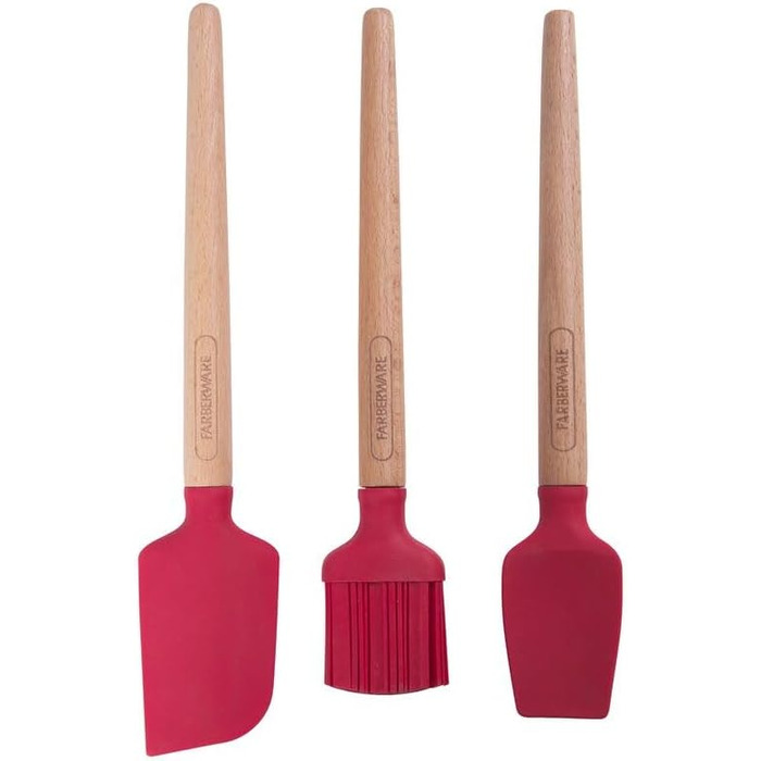 Farberware Wooden Baking Set, including mini baking brush, slotted spatula, perfect for sweet and savory dishes, 3-piece set, red