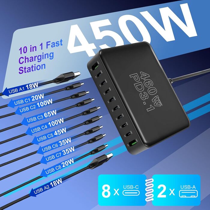 Зарядний пристрій USB-C 460W, 10 портів, PD 3.1 100W/45W/35W/20W для MacBook, iPad, iPhone, HP, Samsung Galaxy та ін. (Сірий)